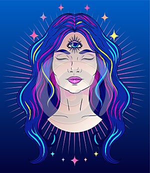 Poster with meditative woman with third eye photo