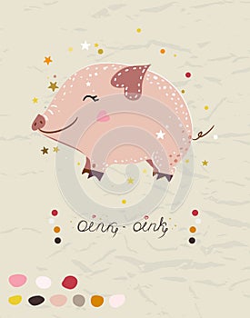 Poster with mini pig from collection with seamless patterns in autumn colors.