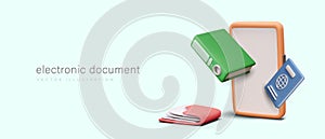 Poster with mobile phone, green folder with files and red folder with documentation, passport