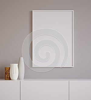 Poster mock up closeup with vases on chest of drawers,minimalist design