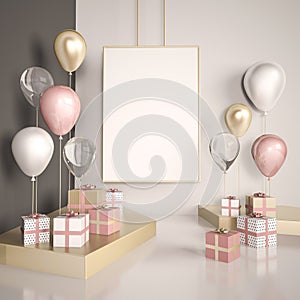 Poster mock up 3d render interior scene. Pastel pink and gold balloons with gift boxes on the white floor. Glass and metal element