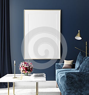 Poster mock up in hipster interior background, dark blue room with bouquet on table