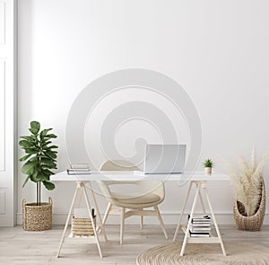 Poster mock up in home interior background, home office, Scandi-boho style