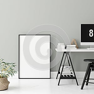 Poster mock up in home interior background, home office, Scandinavian style