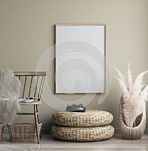 Poster mock up in home interior with old bench, Scandinavian bohemian style