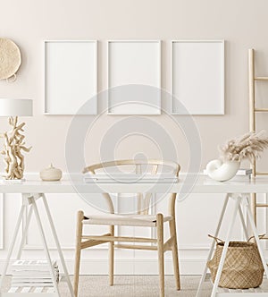 Poster mock up in home office interior background, boho style