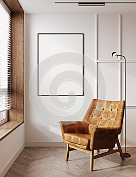 Poster mock up with horizontal frame on empty beige wall in living room interior with brown armchair, window and floor lamp. 3D