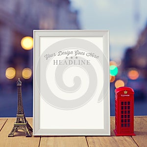 Poster mock up template with Eiffel Tower and London phone booth over city bokeh background