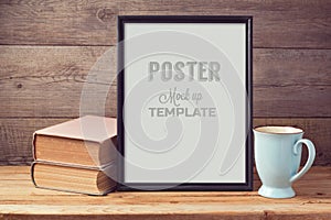 Poster mock up template with old books and coffee cup