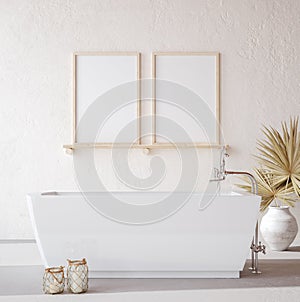 Poster mockup in cozy nomadic bathroom interior background