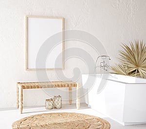 Poster mockup in cozy nomadic bathroom interior background