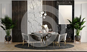 poster mockup frame modern dining room interior minimalist with wood and marble on the wall - 3D rendering