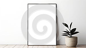 Poster mockup, home wall art, picture mockup in frame, standing on floor AI