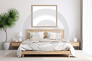 Poster mockup in modern coastal style bedroom interior with sofa. Frame mock up