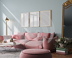 Poster mockup in modern living room with pink sofa and classic golden mirror on pastel interior background