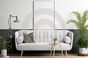 Poster mockup shows a Scandinavian style room with a sofa