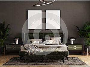 Poster mockup tow frame dark black bedroom modern interior picture in minimalist style with wooden frames photo