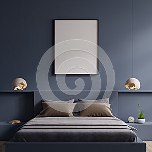 Poster mockup with vertical frame on empty dark blue wall in bedroom interior