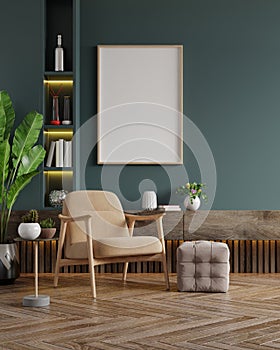 Poster mockup with vertical frames on empty dark green wall in living room interior with velvet armchair