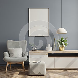 Poster mockup with vertical frames on empty dark wall in living room interior with velvet gray armchair