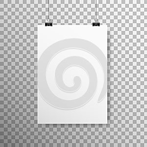 Poster mockup vertical. White empty paper with clips. Realistic sheet hanging on light wall. A4 blank on transparent