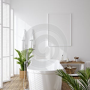 Poster mockup in white cozy bathroom interior background