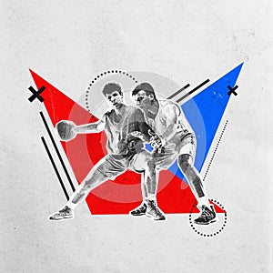 Poster. Modern aesthetic artwork. Two sportsman, plyers, opponents playing basketball in motion. Grainy fabric effect.