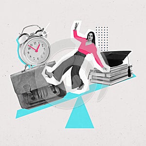 Poster. Modern aesthetic artwork. Young woman trying to balancing on desk with bag, clock and books, symbolizing work