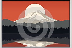 a poster of a mountain and a lake with the sun in the background