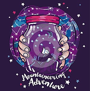 Poster for mountaineering with magical jar in hands and starry sky