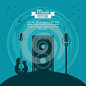 Poster music festival in blue background with acoustic guitar and speaker box and microphone