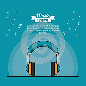 Poster music festival in blue background with stereo headphones