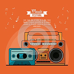 Poster music festival in orange background with cassete tape player and cassette tape