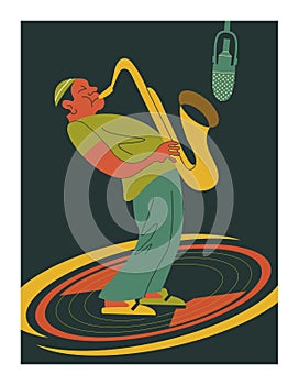 Poster music festival, retro party in the style of the 70`s, 80`s. Vector illustration with stylish musicians characters.