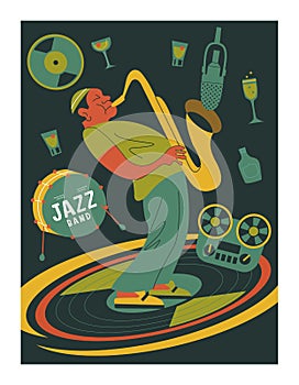 Poster music festival, retro party in the style of the 70`s, 80`s. Vector illustration with stylish musicians characters.