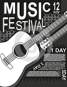 Poster music festival rock guitar black white vector illustration Music poster modern flyer template Jazz music band card flat des