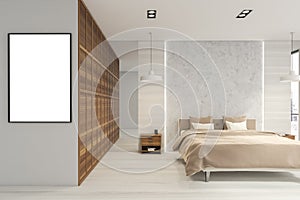 Poster near white and grey bedroom space with wood details