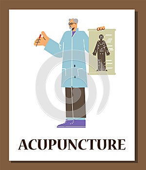 Poster about needle treatment and acupuncture, flat vector illustration