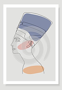 Poster with Nefertiti in one line style. Template design. Banner template poster. The face of the symbol.
