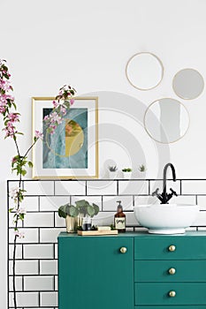 Poster next to mirrors above green cabinet in bathroom interior with pink plant. Real photo