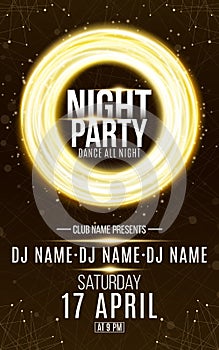 Poster for night dance party. Gold round banner of luminous neon swirling lines. Name of club and DJ. Night party flyer. Plexus ba
