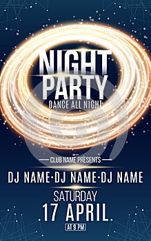 Poster for night dance party. Gold round banner of luminous neon swirling lines. Name of club and DJ. Night party flyer. Blue plex
