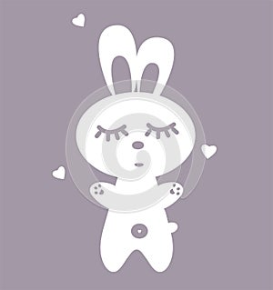 Poster in the nursery. White sleeping rabbit isolated on gray background. Illustration of a bunny silhouette. Vector