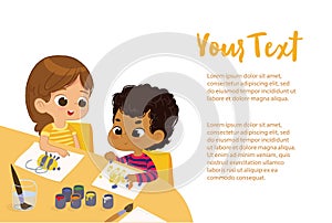 Poster with the olays for the text for art class. Boy and Girl Draw Pictures with paints and pencils. Children drawing