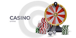 Poster for online casino. Realistic wheel of fortune, stacks of poker chips, gambling dice