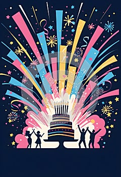 a poster people celebrate birthday party with birthday cake, candles, fireworks, and birthday decor