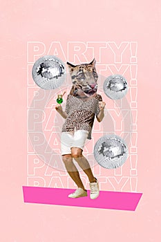 Poster picture image 3d collage artwork of happy funky weird personage have fun celebrate weekend party drink alco