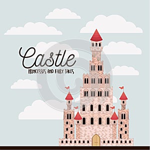 Poster of pink castle princesses and fairy tales with castle and colorful sky background