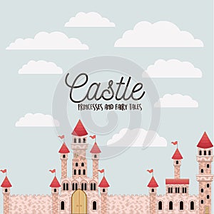 Poster of pink castle princesses and fairy tales with castle and colorful sky background