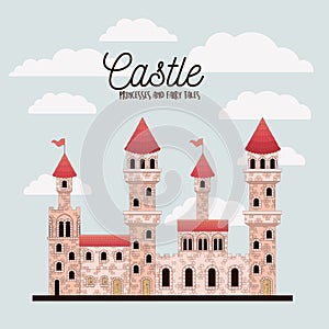 Poster of pink castle princesses and fairy tales with castle and colorful sky background